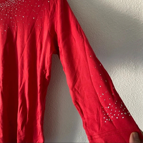100% Cotton Embellished Top Crewneck Red 3/4 Sleeve Shirt Size XL Holiday Fall - Picture 4 of 8